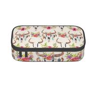Longzehao Large Capacity Compartment Runner Bull Skull Print Pencil Case Office Supplies Storage Bag, Black, One Size, Art Deco, Black, One size, art deco