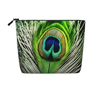 Longzehao Large Capacity Green Peacock Feather Faux Hemp Print Makeup Bag, Travel Bag, Zipper Toiletry Bag, Black, One Size Black, One Size, Black, One Size