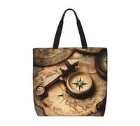 Longzehao Large Capacity Shoulder Bag with Zipper,Reusable Grocery Compass and Old World Map Print Tote Bag for Shopping