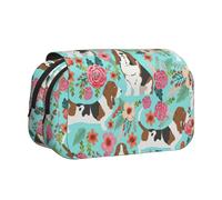 Longzehao Large Capacity Sweet Basset Hound Florals Print Pen Case Organizer Makeup Office Pouch Multi-functional Storage Bag