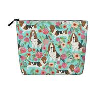 Longzehao Large Capacity Sweet Basset Hound Flowers Printing Fake Hemp, Makeup Bag, Travel Bag Pouch, Toiletry Bag with Zipper., Black, One Size, Black, One Size, Black, One size