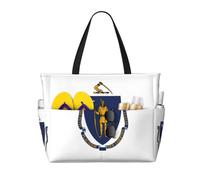 Longzehao Massachusetts State Flag Print Large Beach Bag for Women Waterproofes Sandproof Beach Tote Bags Foldable Pool Bag