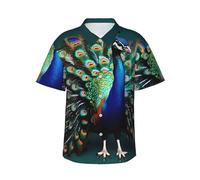 Longzehao Men's Beautiful Peacock Print Hawaiian Shirt Casual Button Down Beach Shirts Short Sleeve with Pocket.