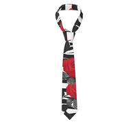 Longzehao Men's Black White Stripes Red Rose Flowers Print silk suit tie,Business Formal printed Necktie for wedding, party,work, Black, One Size, Black, One Size