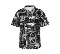 Longzehao Men's Retro Cool Camera Collection Print Hawaiian Shirt Casual Button Down Beach Shirts Short Sleeve with Pocket., Black, XXL