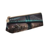 Longzehao New York Manhattan Bridge Night Print Leather Pencil Pouch Cosmetic Makeup Bag Pen Office Stationerys Markers Case