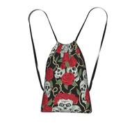 Longzehao Skull and Red Rose Print Drawstring Backpack,String Backpack Storage bag for Gym Traveling Sport Beach Swim