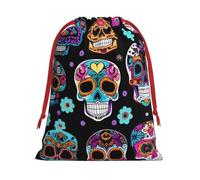 Longzehao Sugar Skull Print Drawstring Gift Bags For Christmas,Holiday Gift Wrapping Bag Assorted Sizes