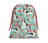 Longzehao Sweet Basset Hound Florals Print Drawstring Gift Bags For Christmas,Holiday Gift Wrapping Bag Assorted Sizes