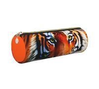 Longzehao Tiger Stripes Orange Pattern Print Leather Pen Pouch Storage case Makeup Bag Office Stationerys Markers Case.