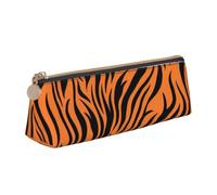 Longzehao Tiger Stripes Orange Pattern Print Leather Pencil Pouch Cosmetic Makeup Bag Pen Office Stationerys Markers Case