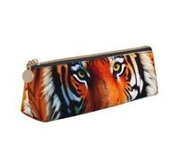 Longzehao Tiger Stripes Orange Pattern Print Leather Pencil Pouch Cosmetic Makeup Bag Pen Office Stationerys Markers Case