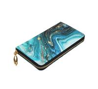 Longzehao Turquoise Blue Gold Marble Print Premium Leather Zip Around Wallet for Men and Women Checkbook Cover RFID Blocking