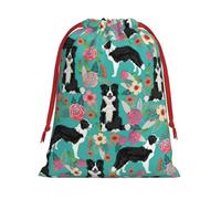 Longzehao Ultra Soft Velvet Fabric Drawstring Border Collie Florals Print Christmas Present Bag, Multifunctional Gift Bags.