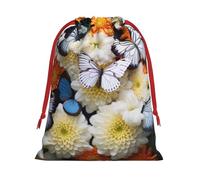 Longzehao Ultra Soft Velvet Fabric Drawstring White Floral Pattern Colorful Butterflies 3 Print Christmas Present Bag, Multifunctional Gift Bags.