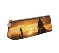 Longzehao West Desert Cactus with Cowboys Riding Horses2 Print Leather Pencil Pouch Cosmetic Makeup Bag Pen Office Stationerys Markers Case