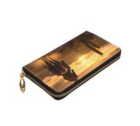 Longzehao West Desert Cactus with Cowboys Riding Horses2 Print Premium Leather Zip Around Wallet for Men and Women Checkbook Cover RFID Blocking