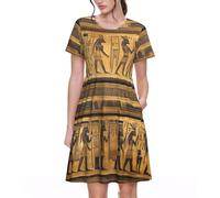 Longzehao Women's Summer Casual Egypt Hieroglyphics Print Short Sleeve Dresses Tshirt Swing Beach Dress with Pockets, Black, L