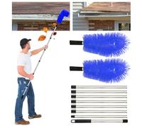 Longzhuo Gutter Cleaning Brush - 3.1m/10.1Ft 8-Section Extendable Telescopic Poles Roof & Window Cleaner Tool, Hard & Soft Dual Bristle Heads for Leaves, Debris, Moss, Spider Webs (Blue)
