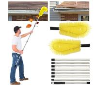 Longzhuo Gutter Cleaning Brush - 3.1m/10.1Ft 8-Section Extendable Telescopic Poles Roof & Window Cleaner Tool, Hard & Soft Dual Bristle Heads for Leaves, Debris, Moss, Spider Webs (Yellow)