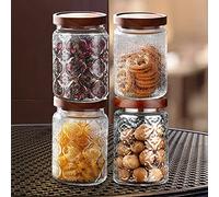 Longzhuo Vintage Glass Canister Set - 4pcs 700ml Airtight Coffee Tea Sugar Storage Jars with Wooden Lids, Kitchen Pantry Organizers for Flour, Spices, Candy (Coffee Tea Sugar Set)