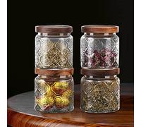Longzhuo Vintage Glass Jar with Lid, 4pcs 450ml High-capacity Glass Kitchen Storage Jars, Airtight Wood Lid Sealed Jar for Coffee Beans, Tea, Flour, Spice, Candy