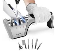 longzon 5-in-1 Knife Sharpener 4 Stage with Cut-Resistant Glove, Quickly Sharpens & Restores Dull Blades, Easy & Safe for Home Kitchen Use, Fits Most Knives and Scissors, Black+Silver