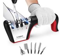 longzon 5-in-1 Knife Sharpener 4 Stage with Cut-Resistant Glove, Quickly Sharpens & Restores Dull Blades, Easy & Safe for Home Kitchen Use, Fits Most Knives and Scissors, Black+Red