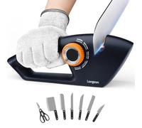 longzon 6-in-1 Knife Sharpener 5 Stage with Cut-Resistant Glove, Manual Kitchen Tool for Straight & Serrated Knives, Quickly Sharpens Restores & Polishes Dull Blades Safe for Home Kitchen, Navy+Orange