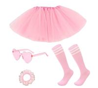 LoNinLoAn 5 Pcs Adult Tulle Tutu Skirt, 5 Layered Fancy Dress for Girl, 80s Retro Costume Accessories Set, Short Tutu with Shaped Glasses, Stockings, Headband for Ladies Carnival Party Dance (Pink)