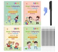 LoNinLoAn Large Magic Grooved Practice Copybook 4 Pcs Magical Handwriting Workbooks Handwriting Aid Magic Pen Reusable Grooved Handwriting Workbook for Kids 4-8 Preschool Calligraphy 10.2×7.2"