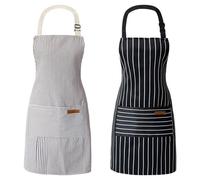 LoNinLoAn Striped Cotton Linen Apron, 2 Packs Adjustable Bib Apron with Pockets, Kitchen Apron for Women Mens Aprons for Cooking Baking Painting(Black+ Grey)