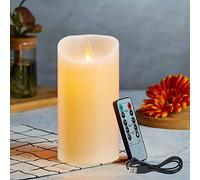 Lonkenn LED Candles, Real Wax Candle Pillars, Rechargeable Flickering Flameless Candles with USB Charging Cable, Outdoor Indoor Candles with 10 Key Remote Timers, Festival, Party(Ivory White,10cm*1)
