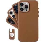 LONLI - for iPhone 15 Pro Max - European Genuine Pebble Leather Phone Case with Aluminium Camera Frame [Compatible with Magsafe] - Saddle