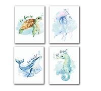 LONLONBANG Funny Watercolor Ocean life Quotes Art Print, Picture Poster for Nursery Kids Girls Bedroom Bathroom Home Decor, Sea turtle sea horse jellyfish whale, Set of 4 8X10 inch, No Frame