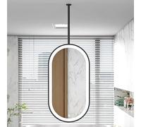 Lonmrrton Metal Ceiling Mounted Mirror with Hanging Rod, Modern Shaving Decorative Mirror for Bathroom, Black Oval LED Vanity Mirror with 3 Color Lighting, Dimmable(50cmx60cm)
