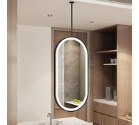 Lonmrrton Modern LED Hanging Mirror, Oval Lighted Vanity Mirror Ceiling Mounted Mirror with Black Metal Frame, Floating Decorative Mirror for Bathroom Cloakroom(50cmx70cm)