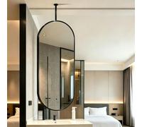 Lonmrrton Oval Ceiling Suspended Mirror Bathroom Hanging Vanity Mirror | Ceiling Mounted Metal Rod Black for Living Room Entrance Hall - Brushed Stainless Steel(50cmx60cm)