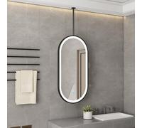 Lonmrrton Oval Wall Mirror with Metal Frame and Hanging Rod, Ceiling Mounted Decorative Mirror with LED Light Strip, Home or Hotel Suspended Bathroom Vanity Mirror(50cmx60cm)