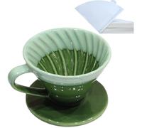 LonMuseum Ceramic Pour Over Coffee Dripper with 50 pcs coffee filters - Portable Drip Coffee Brewer for Travel, Camping, Office or Home - Artisanal Pottery Gift for Enthusiasts