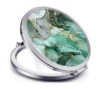 LONNAONE Compact Mirror for Women,Round Mini Pocket Travel Makeup Mirror,Pretty Portable Folding Small Pocket Mirror for Handbag,Purse,Double Sided Handheld Pocket Mirror (Silver Jade Green Marble)