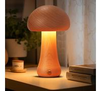 LONRISWAY Small Wood Mushroom Lamp, LED Cordless Bedside Touch Lamp, Portable Dimmable Battery Mushroom Lamp for Bedroom Nightstand