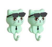 Lonrtesw Cute Cat Key Hook, Cat Keychain, Kitten Coat Hook, Cute Sunglasses Cat Sticky Coat Hook, Coat Wall Hook Green