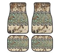LONSANT Universal Car Floor Mats Set of 4,Rustic Brown Beige Teal Western Country Cowboy Tooled Leather Vehicle Front Rear Carpets Non-Slip Rugs Auto Accessories Fit for SUV Van Truck