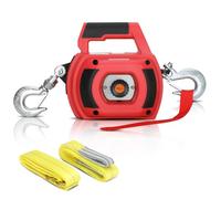 Lonsge Portable Drill Winch of 1500 LB, Red Handheld Drill Winch with 40 Foot Synthetic Rope, Rotate The Hook 360 Degrees, for Lifting & Dragging（Down Strap with D Rings）