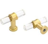 LONTAN 15 Pack Brass Kitchen Cabinet Knobs - Acrylic Cupboard Door and Drawer Pulls - Gold T Bar Knobs - 12mm Diameter