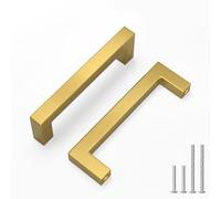 LONTAN 5 Pack Brushed Brass Kitchen Handles 90mm Square Gold Kitchen Cupboard Handles Wardobe Bathroom Stainless Steel Drawer Pulls
