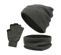 LONTG 3 In1 Winter Beanie Hat Scarf Gloves Set Thermal Warm Knitted Beanie Cap Circle Neck Warmer Touchscreen Gloves Thicken Soft Fleece Inner Lining Elastic Winter Accessories Set for Men Women