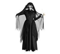 LONTG 3PCS Ladies Wicked Witch Halloween Costume Black Dress Veil Hat Set Women Ghost Bride Fancy Dress Outfits Scary Vampire Cosplay Costume for Adult Halloween Party Dress Up Role Play Carnival