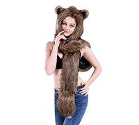 LONTG Women Hooded Scarf Hats Gloves Set 3-In-1 Winter Hats with Scarf and Gloves Faux Fur Wolf Bear Earflaps Hat Long Scarves with Mittens Trooper Trapper Russia Cossack Hats Xmas Birthday Gift